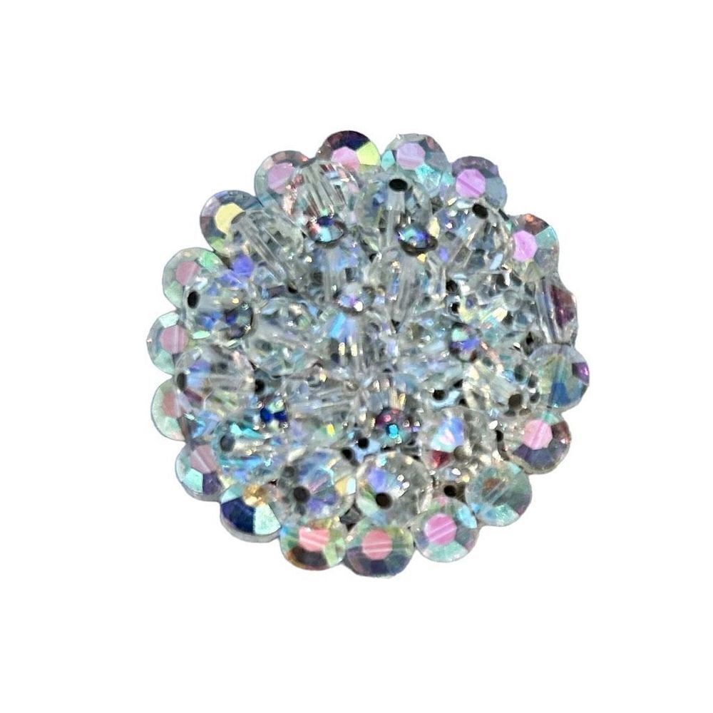 Stunning Aurora Borealis Brooch 2” Round Magnificent Color Vintage Silver-Tone